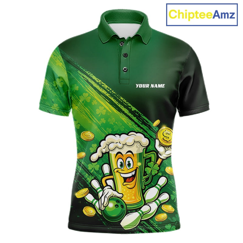 Custom Funny St Patricks Day Beer Bowling Team Shirts, Green Shamrock And Gold Coin Bowling Jerseys IPHW10520