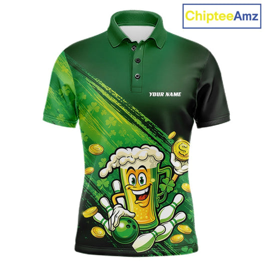 Custom Funny St Patricks Day Beer Bowling Team Shirts, Green Shamrock And Gold Coin Bowling Jerseys IPHW10520