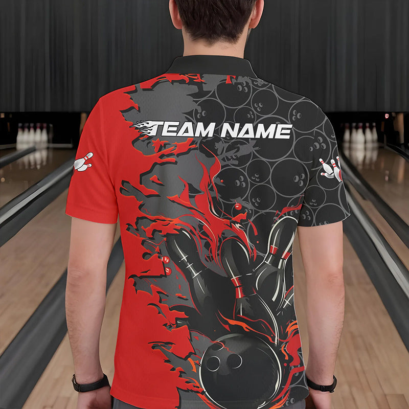 Custom Black And Red Flame Bowling Polo Shirts For Men, Bowling Tournament Team Uniform IPHW8616