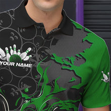 Load image into Gallery viewer, Custom Black And Green Flame Bowling Polo Shirts For Men, Bowling Tournament Team Uniform IPHW8618
