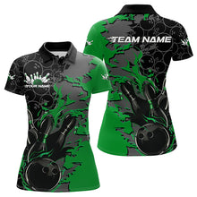 Load image into Gallery viewer, Custom Black And Green Flame Bowling Polo Shirts For Women, Bowling Tournament Team Uniform IPHW8618