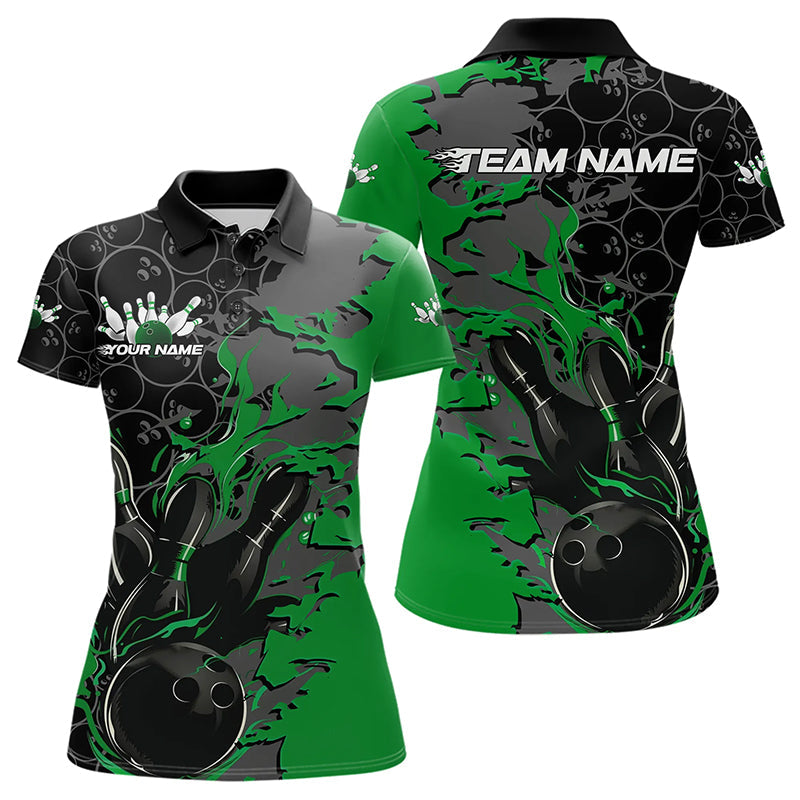 Custom Black And Green Flame Bowling Polo Shirts For Women, Bowling Tournament Team Uniform IPHW8618
