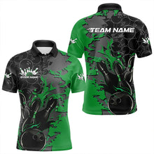 Load image into Gallery viewer, Custom Black And Green Flame Bowling Polo Shirts For Men, Bowling Tournament Team Uniform IPHW8618