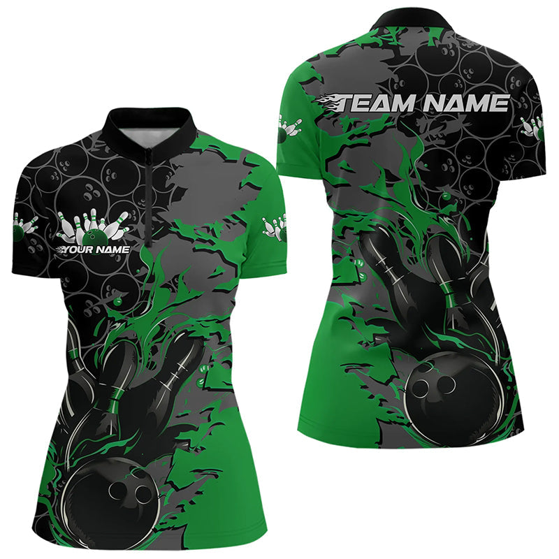 Custom Black And Green Flame Bowling Womens Quarter-Zip Shirt, Bowling Tournament  Uniform IPHW8618