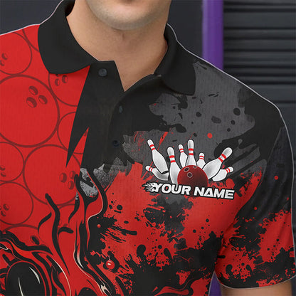 Custom Black And Red Splatter Camo Flame Bowling Polo Shirts For Men, Bowling Team Uniform IPHW8625