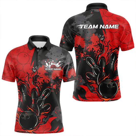 Custom Black And Red Splatter Camo Flame Bowling Polo Shirts For Men, Bowling Team Uniform IPHW8625