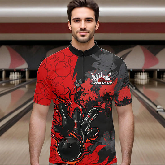 Custom Black And Red Splatter Camo Flame Bowling Quarter-Zip Shirts For Men, Bowling Team Uniform IPHW8625