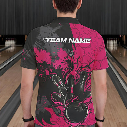 Custom Black And Pink Splatter Camo Flame Bowling Polo Shirts For Men, Bowling Team Uniform IPHW8626