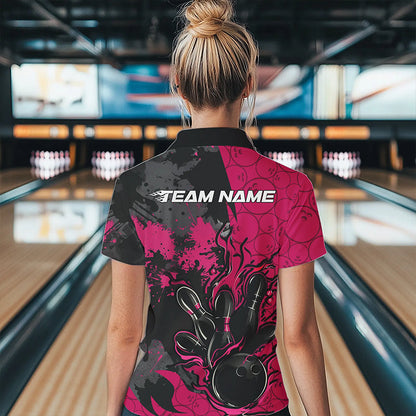 Custom Black And Pink Splatter Camo Flame Bowling Womens Quarter-Zip Shirt, Team Uniform IPHW8626