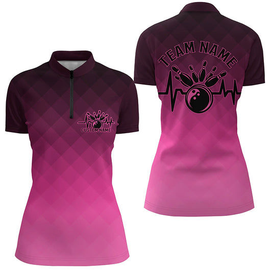 Bowling Heartbeat Pulse Line Pink Argyle Custom Bowling Team Shirts For Women IPHW6444