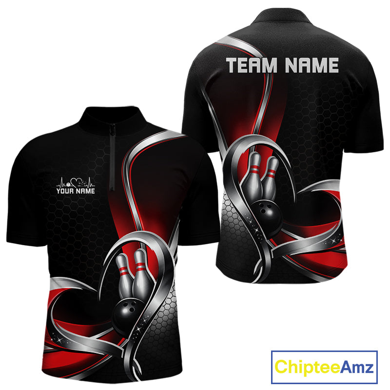 Front and back view of a mens bowling quarter zip shirt mockup in black and red, featuring honeycomb pattern with a heart-shaped bowling ball striking pins.