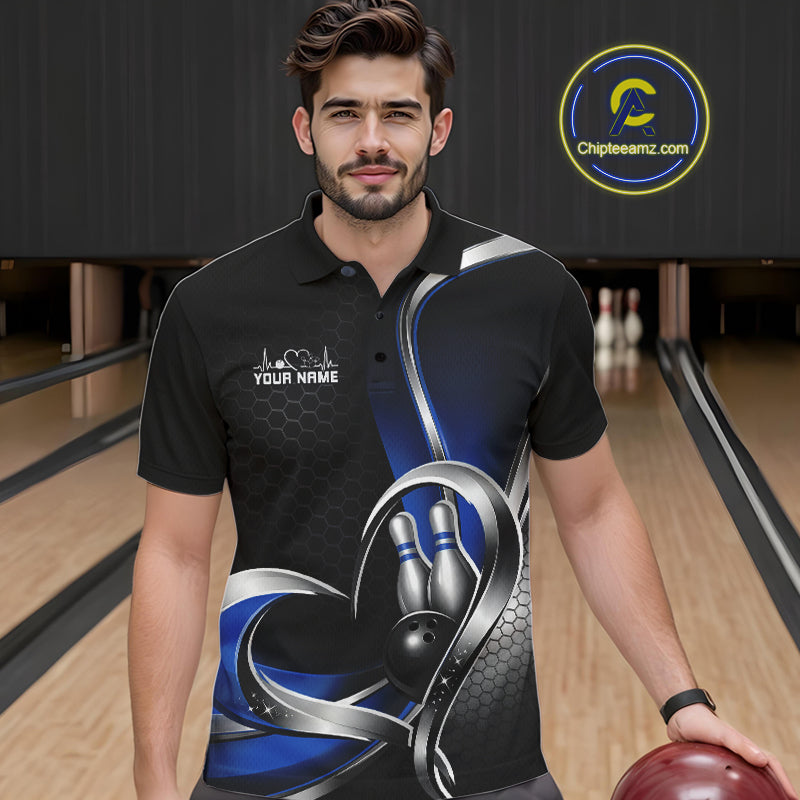 Male model in a bowling lane wearing a black and blue polo shirt with honeycomb design and a heart-framed bowling ball hitting pins graphic.