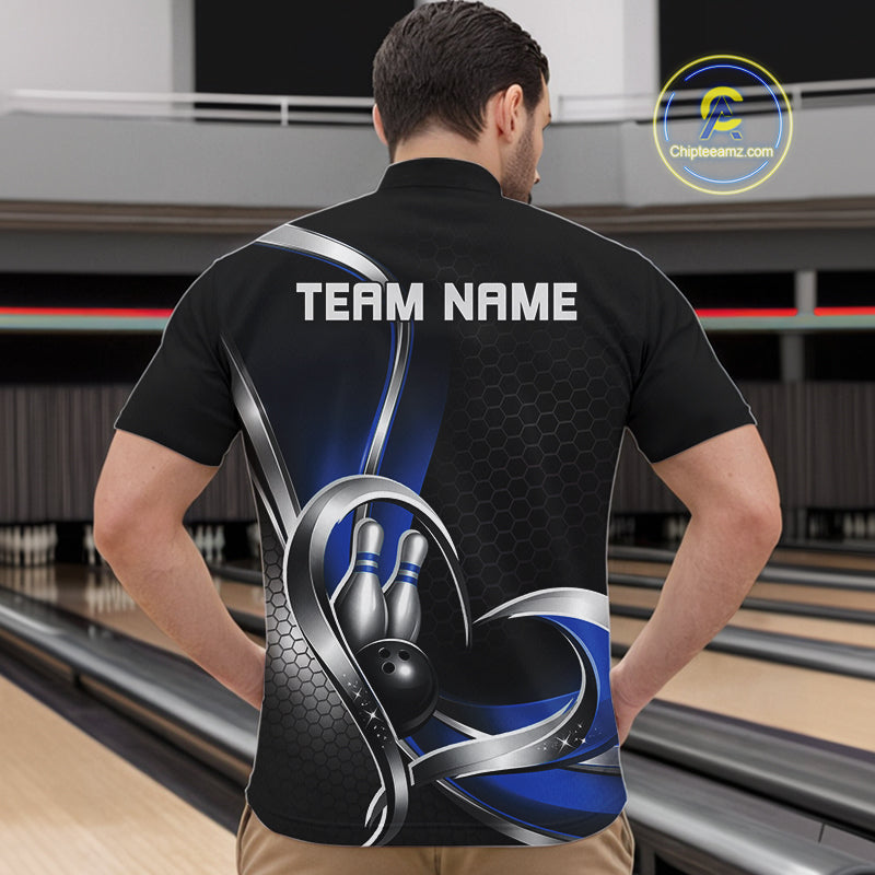 Male model at a bowling venue wearing a black and blue quarter zip shirt, featuring honeycomb texture with a heart-shaped bowling action illustration.
