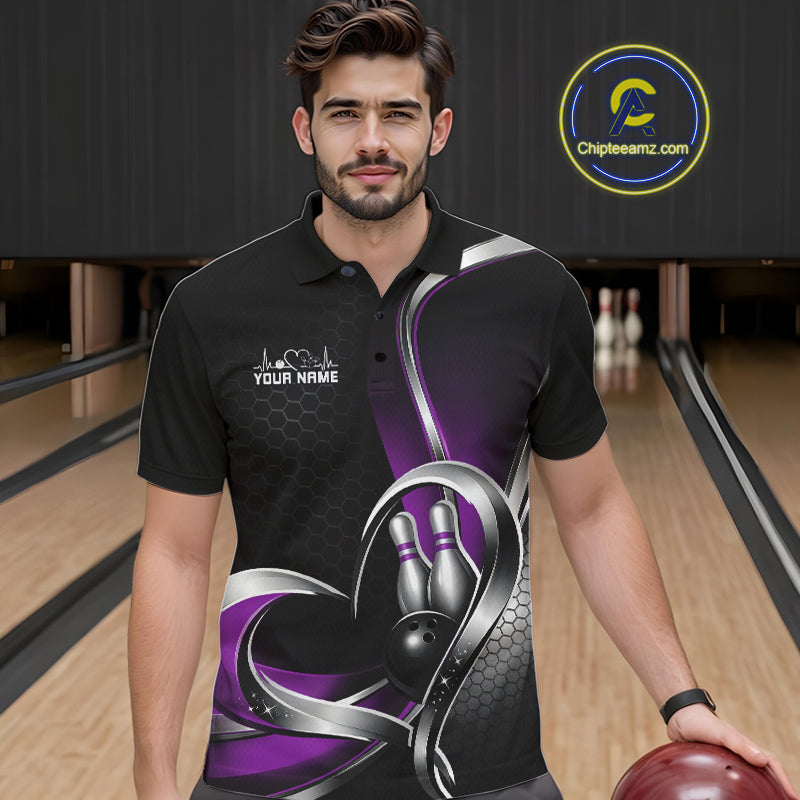 Male model in a bowling lane wearing a black and purple polo shirt with honeycomb texture and a heart-framed bowling strike graphic.