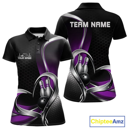 Front and back view of a womens bowling polo shirt mockup in black and purple, featuring honeycomb pattern with a heart-shaped bowling ball and pins design.