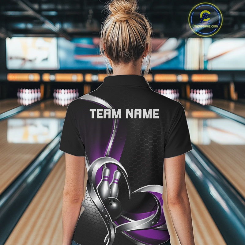 Back view of a female model in a bowling venue wearing a black and purple polo shirt, showcasing honeycomb texture and a heart-shaped bowling action illustration.