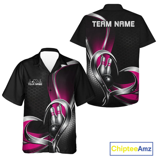 Front and back view of a button-up bowling shirt mockup in black and pink, featuring a honeycomb pattern with a heart-shaped bowling ball and pins graphic.