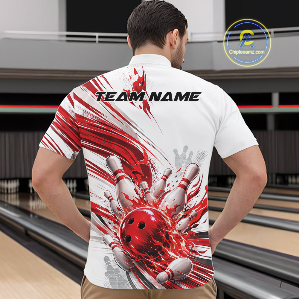 Custom White And Red Flame Bowling Team Jerseys, Bowling League Men Quarter Zip Shirt IPHW11642