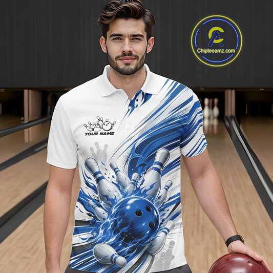 Custom White And Blue Flame Bowling Team Jerseys, Bowling League Men Polo Shirt IPHW11643