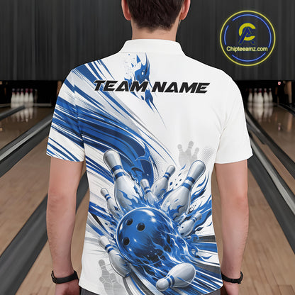 Custom White And Blue Flame Bowling Team Jerseys, Bowling League Men Polo Shirt IPHW11643