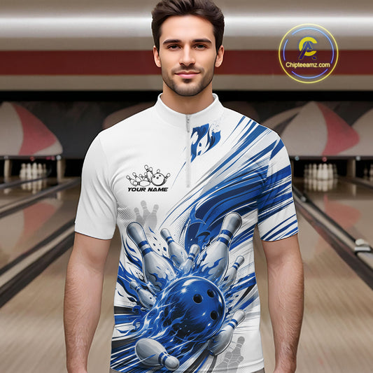 Custom White And Blue Flame Bowling Team Jerseys, Bowling League Men Quarter Zip Shirt IPHW11643