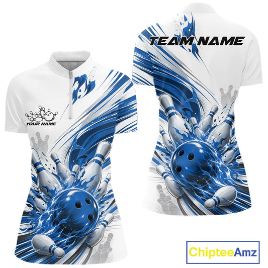 A front and back view of a women's short-sleeve polo shirt with a blue and white bowling-themed graphic print. The front features a white upper section with a half-zip collar, a black 'YOUR NAME' placeholder on the left chest, and a large blue bowling pin and ball graphic on the lower front.