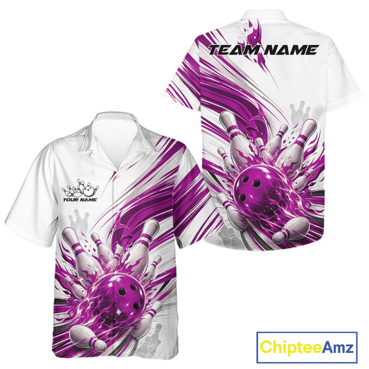 Custom White And Purple Flame Bowling Team Jerseys, Bowling League Men And Women Hawaiian Shirt IPHW11644