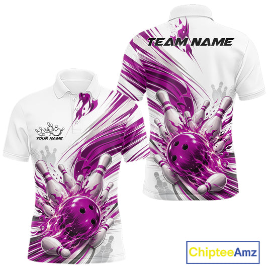 Custom White And Purple Flame Bowling Team Jerseys, Bowling League Men Polo Shirt IPHW11644