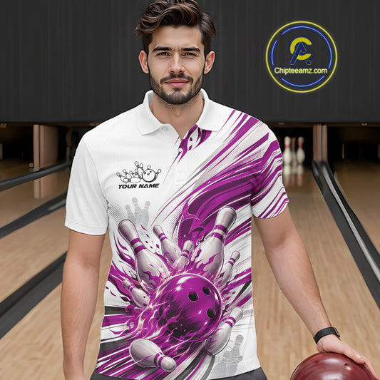 Custom White And Purple Flame Bowling Team Jerseys, Bowling League Men Polo Shirt IPHW11644