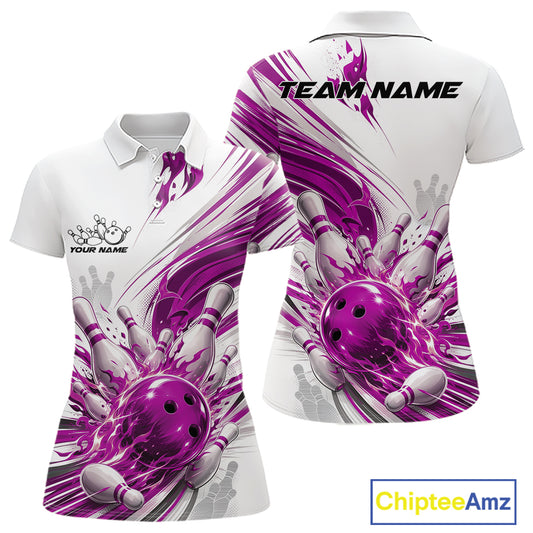Front and back views of a women's short-sleeve polo shirt with a white base and a bold purple, pink, and gray bowling graphic print. The front shows a collar, a small black logo with text, and 'YOUR NAME' printed on the chest.