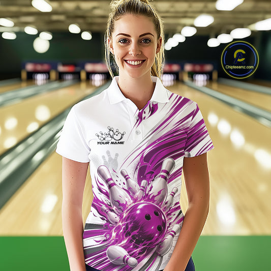 Custom White And Purple Flame Bowling Team Jerseys, Bowling League Women Polo Shirt IPHW11644
