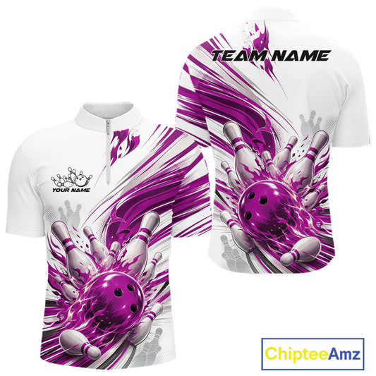 Front and back views of a white short-sleeve bowling-themed t-shirt with a purple and gray bowling ball and pins graphic, customizable text placeholders, and a ChipteeAmz logo in the bottom right corner.