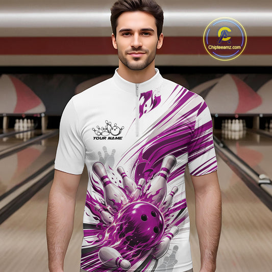 Custom White And Purple Flame Bowling Team Jerseys, Bowling League Men Quarter Zip Shirt IPHW11644