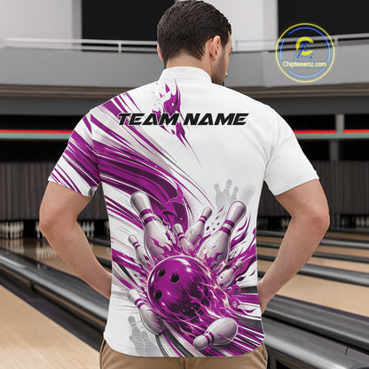 Custom White And Purple Flame Bowling Team Jerseys, Bowling League Men Quarter Zip Shirt IPHW11644