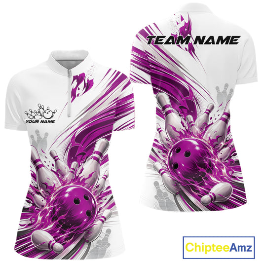 Custom White And Purple Flame Bowling Jerseys, Bowling League Women Quarter-Zip Shirt IPHW11644