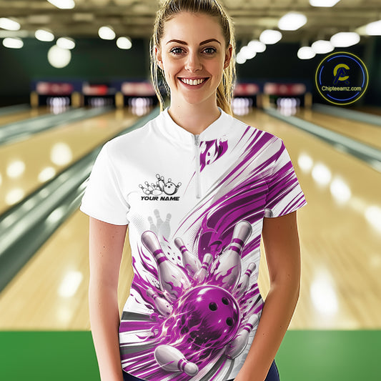 Custom White And Purple Flame Bowling Jerseys, Bowling League Women Quarter-Zip Shirt IPHW11644