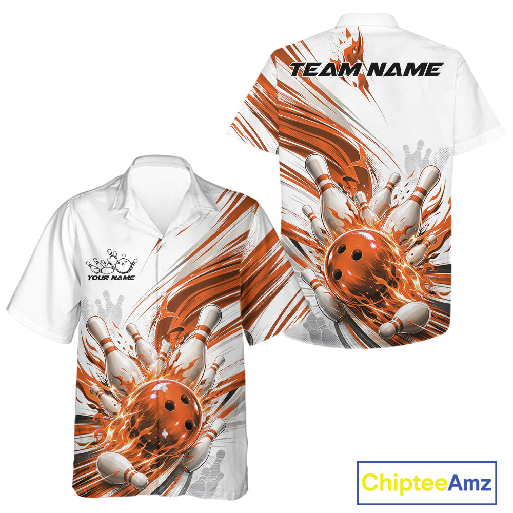 Custom White And Orange Flame Bowling Team Jerseys, Bowling League Men And Women Hawaiian Shirt IPHW11645