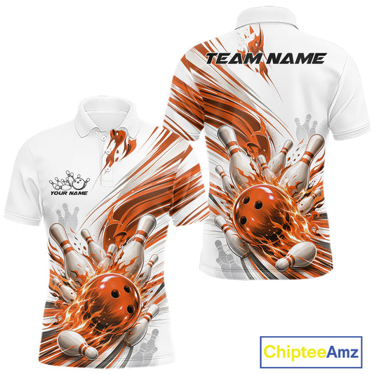 Custom White And Orange Flame Bowling Team Jerseys, Bowling League Men Polo Shirt IPHW11645