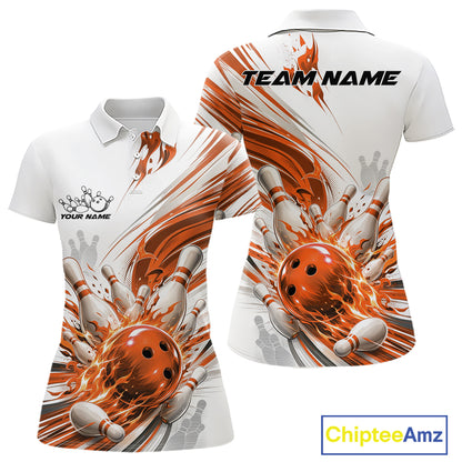 Custom White And Orange Flame Bowling Team Jerseys, Bowling League Women Polo Shirt IPHW11645