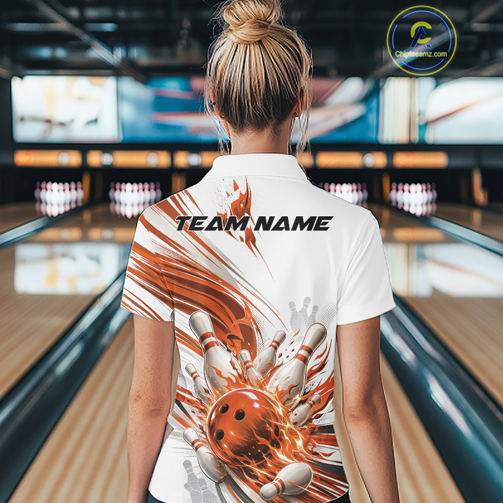 Custom White And Orange Flame Bowling Team Jerseys, Bowling League Women Polo Shirt IPHW11645