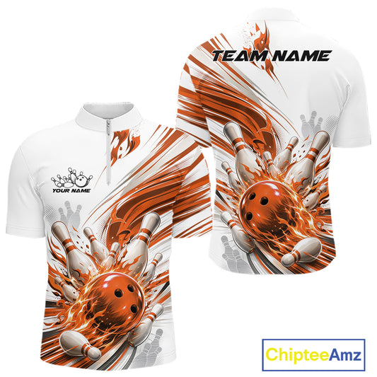 Front and back views of a white short-sleeve bowling-themed custom jersey with orange and white graphic swirls, bowling ball and pins illustration, and customizable text placeholders.