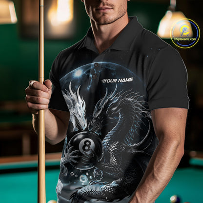 Custom Black And White Dragon 8 Ball Billiard Polo Shirt For Men, Dragon Pool Shirt IPHW11652