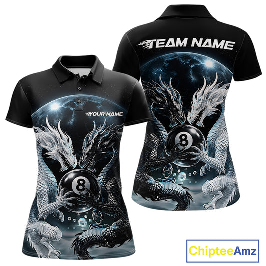 Black short-sleeve polo shirt with a detailed 3D dragon and billiards graphic, shown in front and back views on a white background 