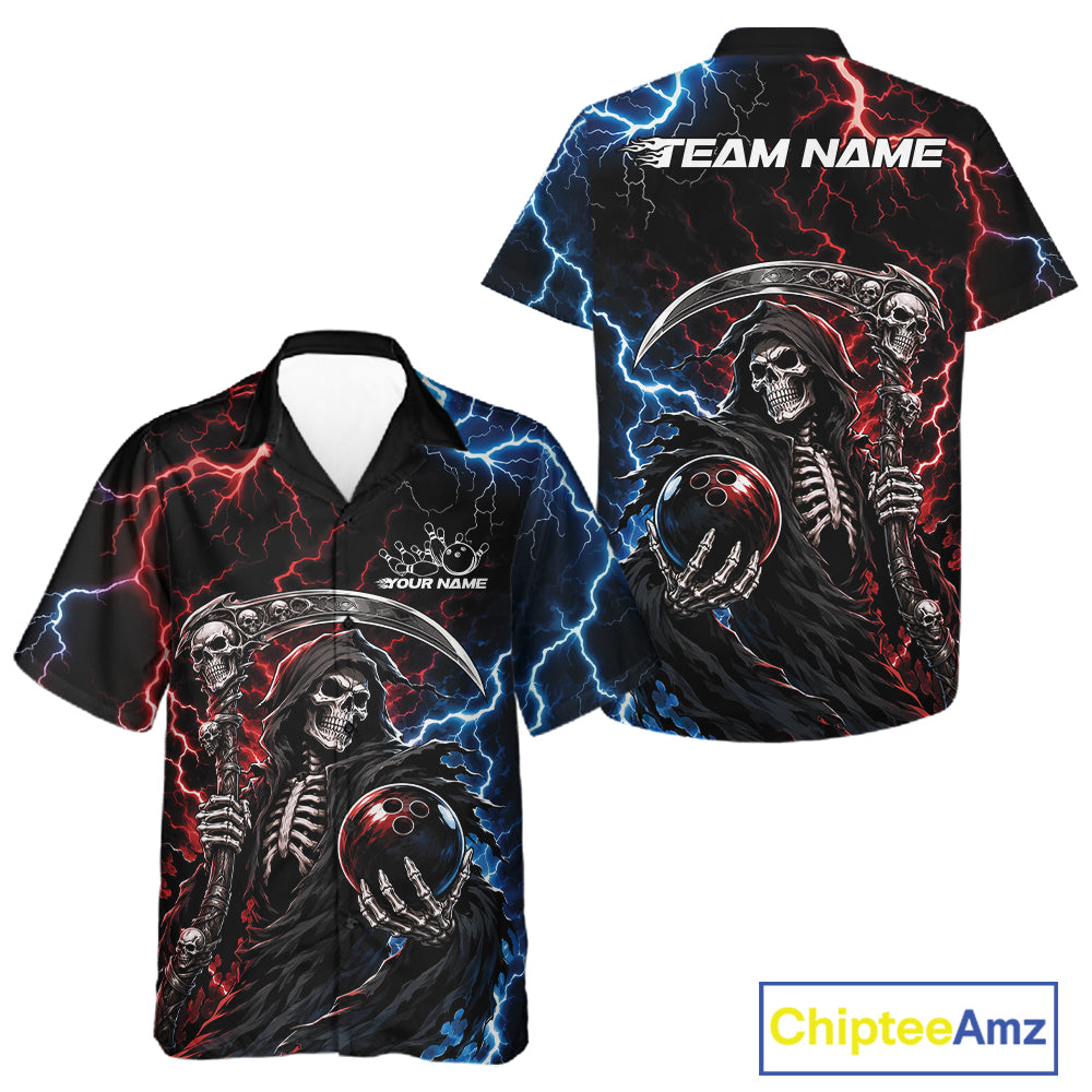 Custom Blue And Red Lightning Grim Reaper Skull Bowling Halloween Men And Women Hawaiian Shirt IPHW11654