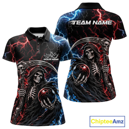 Custom Blue And Red Lightning Grim Reaper Skull Bowling Halloween Women Polo Shirt IPHW11654