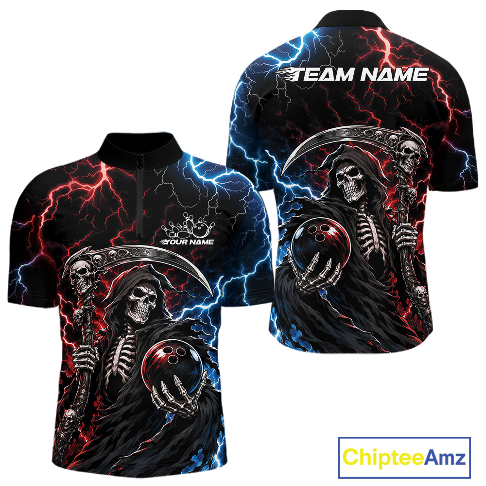 Custom Blue And Red Lightning Grim Reaper Skull Bowling Halloween Men Quarter Zip Shirt IPHW11654