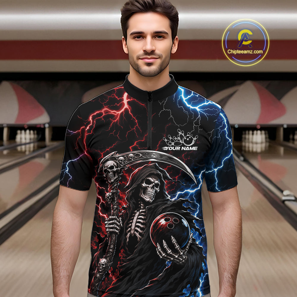 Custom Blue And Red Lightning Grim Reaper Skull Bowling Halloween Men Quarter Zip Shirt IPHW11654