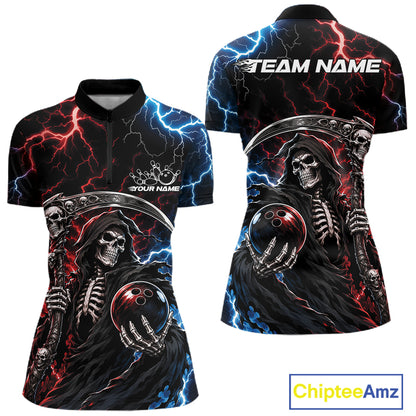 Custom Blue And Red Lightning Grim Reaper Skull Bowling Halloween Women Shirt IPHW11654