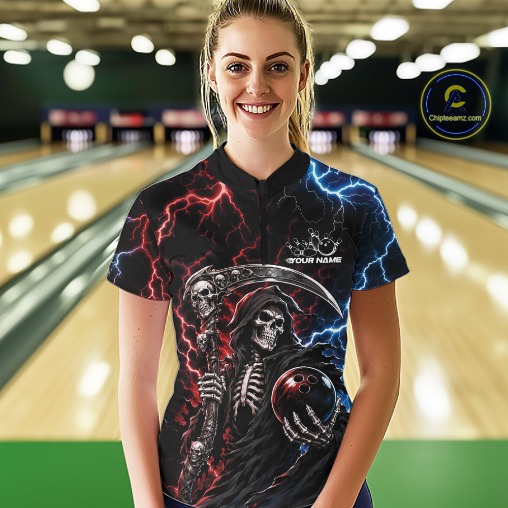 Custom Blue And Red Lightning Grim Reaper Skull Bowling Halloween Women Shirt IPHW11654