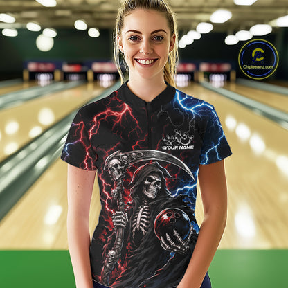 Custom Blue And Red Lightning Grim Reaper Skull Bowling Halloween Women Shirt IPHW11654